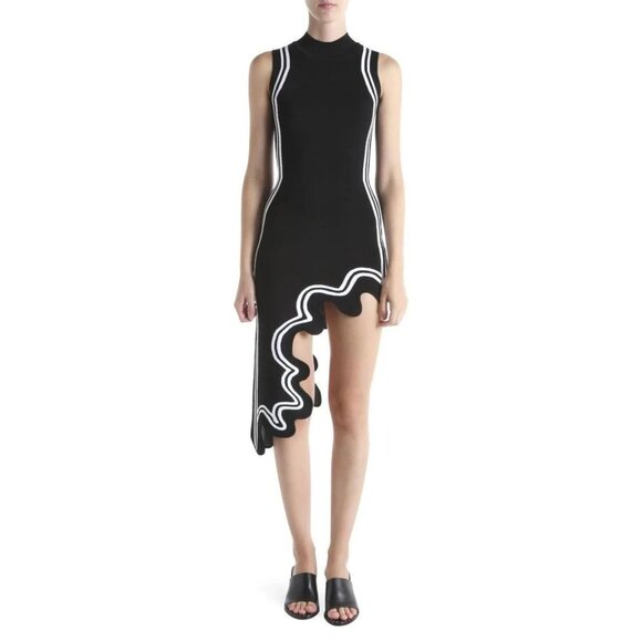 Wave Print Asymmetric Dress - Sexy Y2K Mock Neck Knit Bodycon Sleeveless Dress - Picture 4 of 6